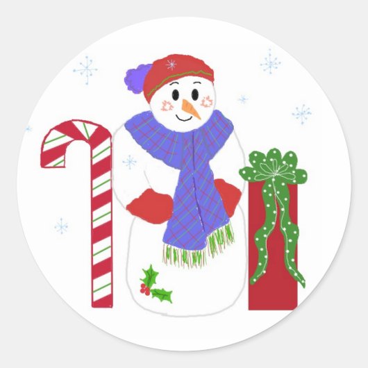 Sneeuwman met Suikerstok Ronde Sticker (Voorkant)