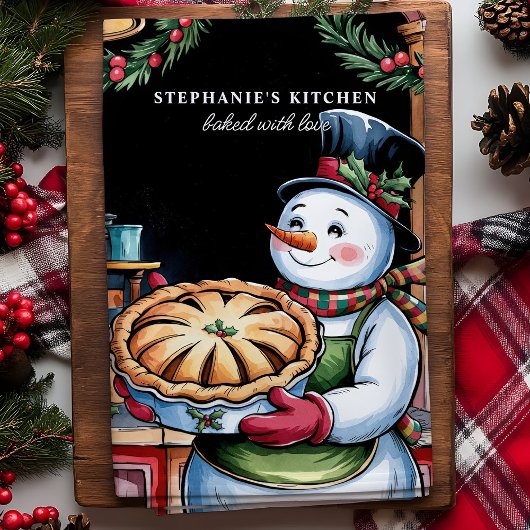 Sneeuwman met taart gepersonaliseerde kerst theedoek