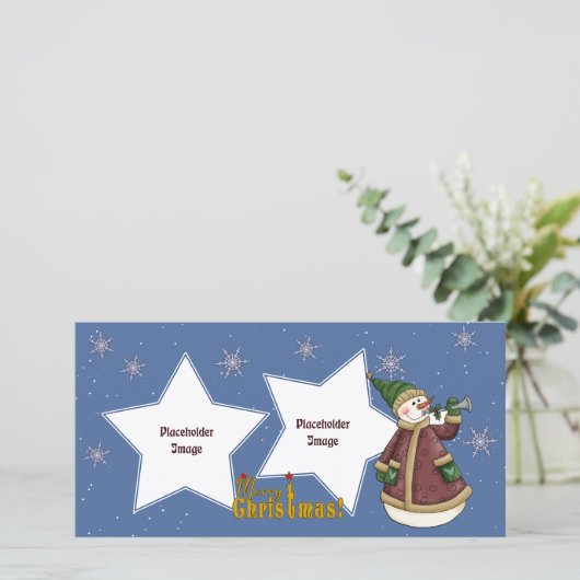 Sneeuwman met trompet feestdagenkaart (Staand voorkant)