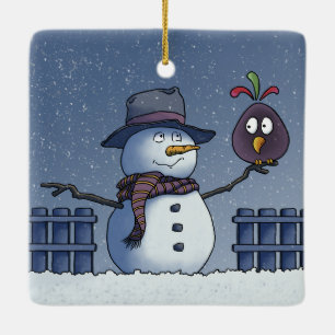 Sneeuwman met vogel keramisch ornament