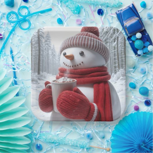 Sneeuwman met warme chocolademelk papieren bordje (Feest)