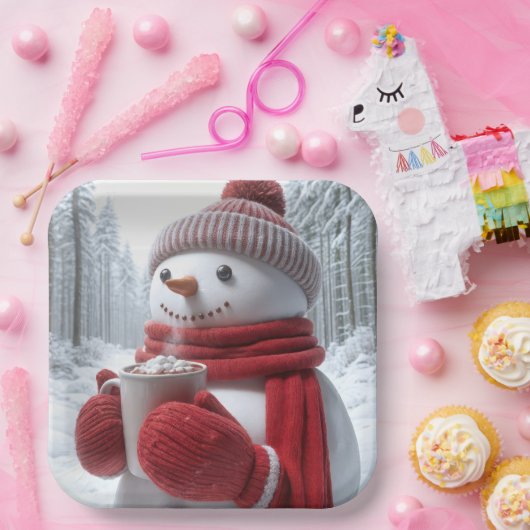 Sneeuwman met warme chocolademelk papieren bordje (Feest)