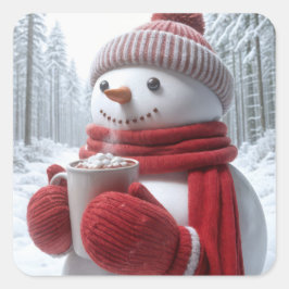 Sneeuwman met warme chocolademelk vierkante sticker