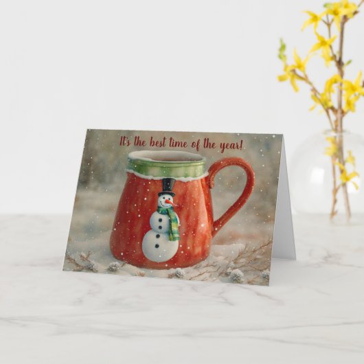 Sneeuwman Mok Fun Whimsical Kerst Kaart (Gele Bloem)