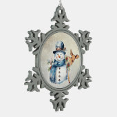 "Sneeuwman omsingeld in Holly" met een fawn Tin Sneeuwvlok Ornament (Links)