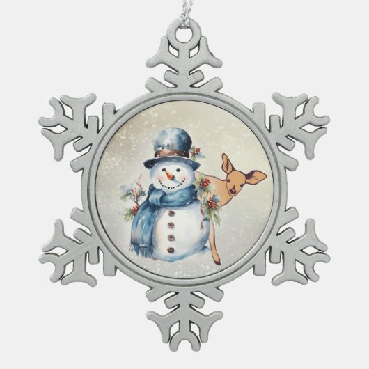 "Sneeuwman omsingeld in Holly" met een fawn Tin Sneeuwvlok Ornament (Voorkant)