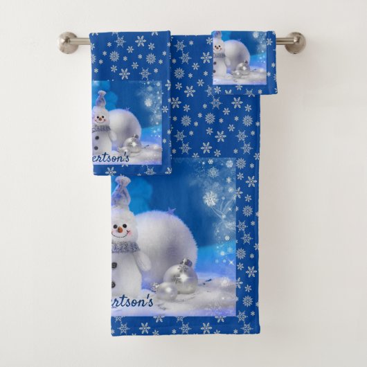 Sneeuwman op Blauw Personaliseer Naam Badkamer Bad Handdoek (Insitu)