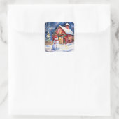 Sneeuwman op een  Boerderij Vierkante Sticker (Tas)