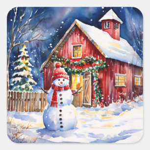Sneeuwman op een  Boerderij Vierkante Sticker