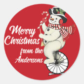 sneeuwman op eenwieler aangepaste kerst ronde sticker (Voorkant)