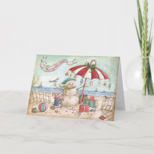 Sneeuwman op het strand feestdagen kaart (Voorkant)