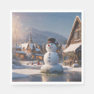Sneeuwman op ijs in een kerstdorp servet