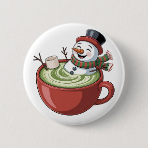 Sneeuwman op Matcha Badkuip Grappig Kerstmis  Ronde Button 5,7 Cm