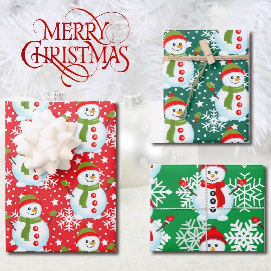 Sneeuwman op Rood & Groen Wit Sneeuwvlokken Kerstm Inpakpapier Vel