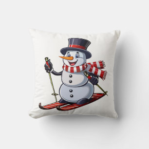 Sneeuwman op ski's in een hoge hoed met een gestre kussen
