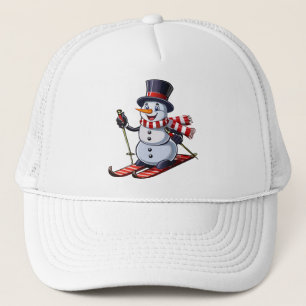 Sneeuwman op ski's in een hoge hoed met een gestre trucker pet