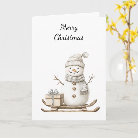 Sneeuwman op ski's Kerstmis Kaart (Gele Bloem)