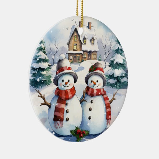 Sneeuwman paar kerstversiering keramisch ornament (Rechts)