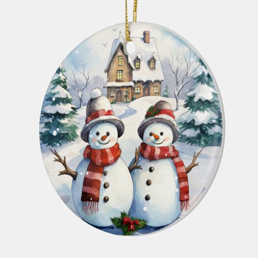 Sneeuwman paar kerstversiering keramisch ornament (Links)