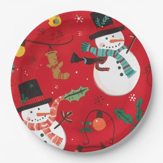 Sneeuwman papieren bord rood (Voorkant)