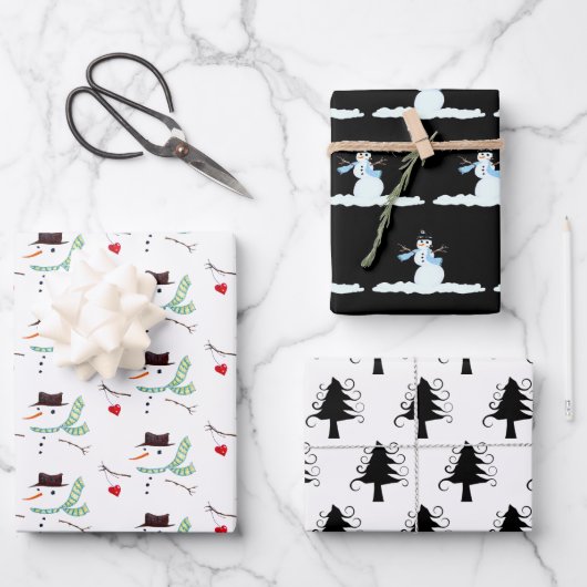 Sneeuwman Patterns Curly Trees Neutral Christmas Inpakpapier Vel (Voorkant)
