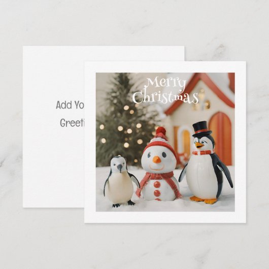 Sneeuwman & Pinguïn #1 Aangepaste Nieuwigheid Kers Feestdagenkaart (Voorkant / Achterkant)