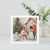 Sneeuwman & Pinguïn #1 Aangepaste Nieuwigheid Kers Feestdagenkaart (Staand voorkant)