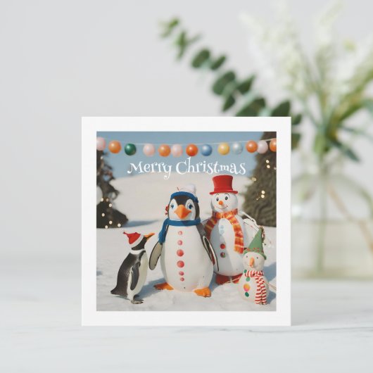 Sneeuwman & Pinguïn #2 Aangepaste Nieuwigheid Kers Feestdagenkaart (Staand voorkant)