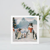 Sneeuwman & Pinguïn #3 Aangepaste Nieuwigheid Kers Feestdagenkaart (Staand voorkant)
