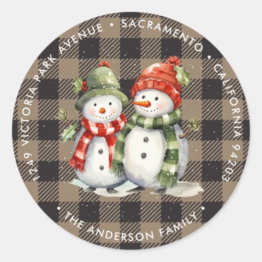 Sneeuwman Plaid Kerst retour adreslabels Ronde Sticker (Voorkant)