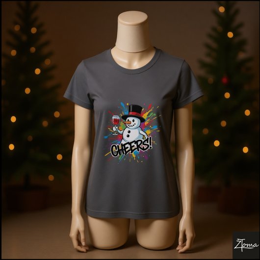 Sneeuwman proost wijn verfspatten kunst t-shirt
