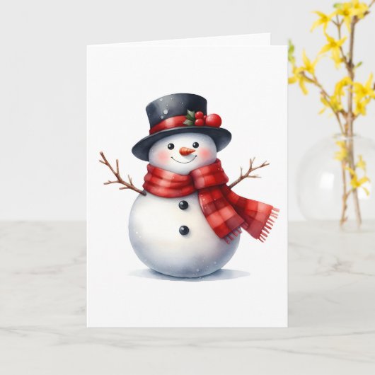 Sneeuwman Red Plaid Sjaal Zwart Pet Blank Vakantie Kaart (Gele Bloem)