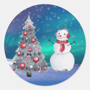 Sneeuwman Rode Boom Aurora Waterverf Kerstmis Ronde Sticker