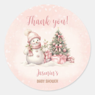  Sneeuwman Roze Kerstmeisje Baby shower Ronde Sticker