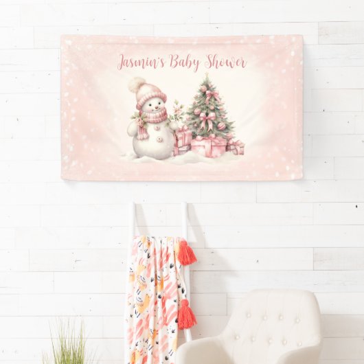  Sneeuwman Roze Kerstmeisje Baby shower Spandoek (Insitu)