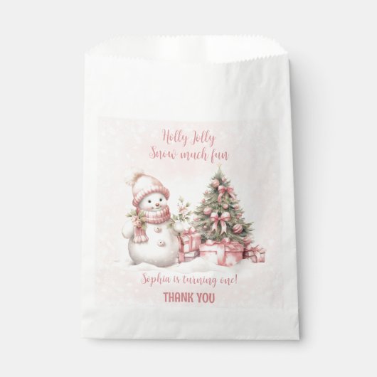 Sneeuwman Roze Kerstmis 1e Verjaardag Favor Tassen Bedankzakje (Voorkant)
