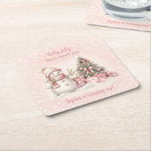  Sneeuwman Roze Kerstmis 1e Verjaardag Kartonnen Onderzetters (Schuin)