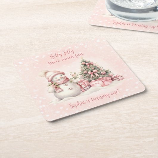  Sneeuwman Roze Kerstmis 1e Verjaardag Kartonnen Onderzetters (Schuin)