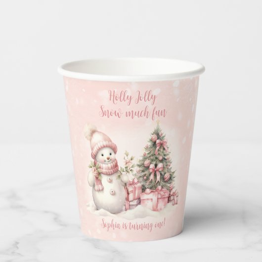 Sneeuwman Roze Kerstmis 1e Verjaardag Papier Cups Papieren Bekers (Achterkant)