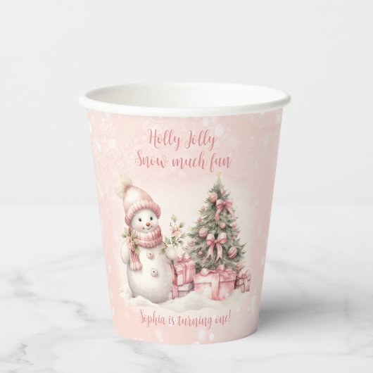 Sneeuwman Roze Kerstmis 1e Verjaardag Papier Cups Papieren Bekers (Voorkant)