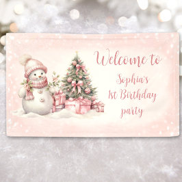 Sneeuwman Roze Kerstmis 1e Verjaardagsbanner Spandoek