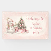 Sneeuwman Roze Kerstmis 1e Verjaardagsbanner Spandoek (Horizontaal)
