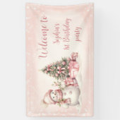 Sneeuwman Roze Kerstmis 1e Verjaardagsbanner Spandoek (Verticaal)