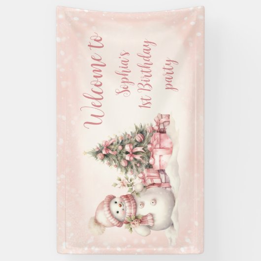 Sneeuwman Roze Kerstmis 1e Verjaardagsbanner Spandoek (Verticaal)