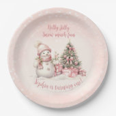  Sneeuwman Roze Kerstmis Eerste Verjaardag Papieren Bordje (Voorkant)