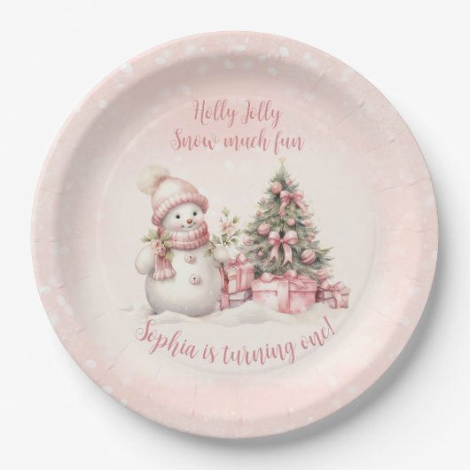  Sneeuwman Roze Kerstmis Eerste Verjaardag Papieren Bordje (Voorkant)