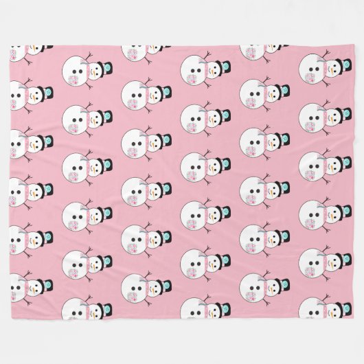 Sneeuwman Roze Kerstmis Grote Fleece Deken (Voorkant (Horizontaal))