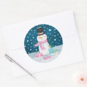 Sneeuwman Roze Leuke Gepersonaliseerde Kerstvakant Ronde Sticker (Envelop)