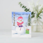 Sneeuwman roze sjaal snoep-riet Happy Snow days Briefkaart (Staand voorkant)