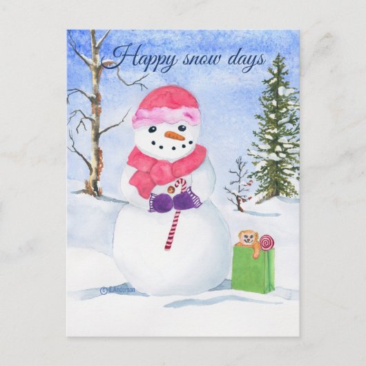 Sneeuwman roze sjaal snoep-riet Happy Snow days Briefkaart (Voorkant)